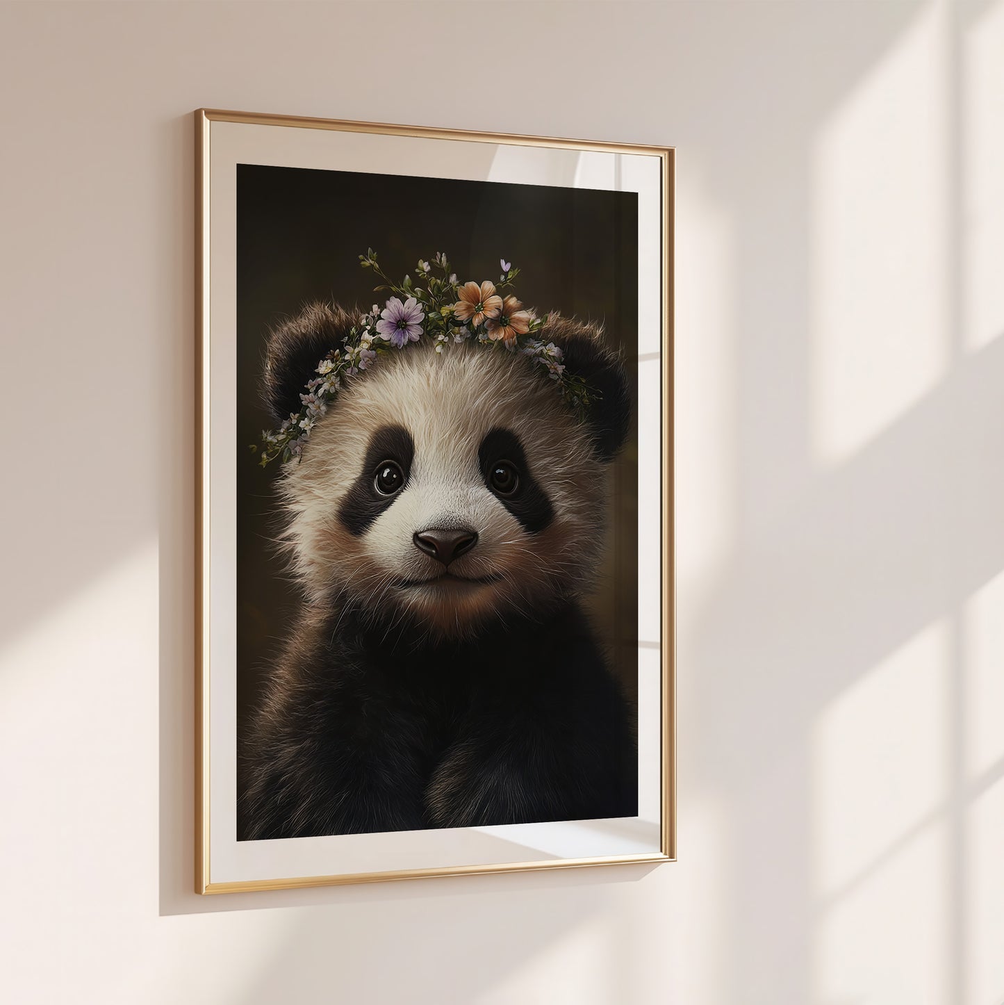 Cute baby panda bear cub with flower crown – printable nursery wall art for kids room, baby room or woodland-themed decor. Includes 4 high-res JPGs. A Dezinbazar original.
