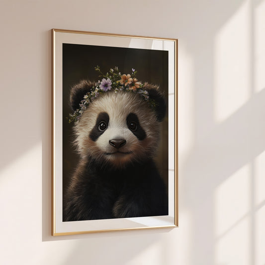 Cute baby panda poster with floral crown, designed for nurseries or kids rooms. Printed on 200 gsm semi-glossy FSC-certified premium paper, available in sizes A4–A0, 30×40 cm, 50×70 cm. Eco-friendly, made to order, and perfect as a gift for panda lovers or nursery decor. Be proud. Be kind. Be wild – by Dezinbazar.