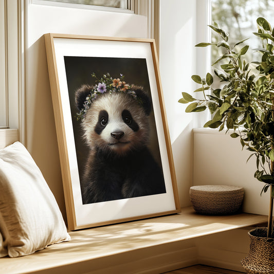 Cute baby panda bear cub with flower crown – printable nursery wall art for kids room, baby room or woodland-themed decor. Includes 4 high-res JPGs. A Dezinbazar original.