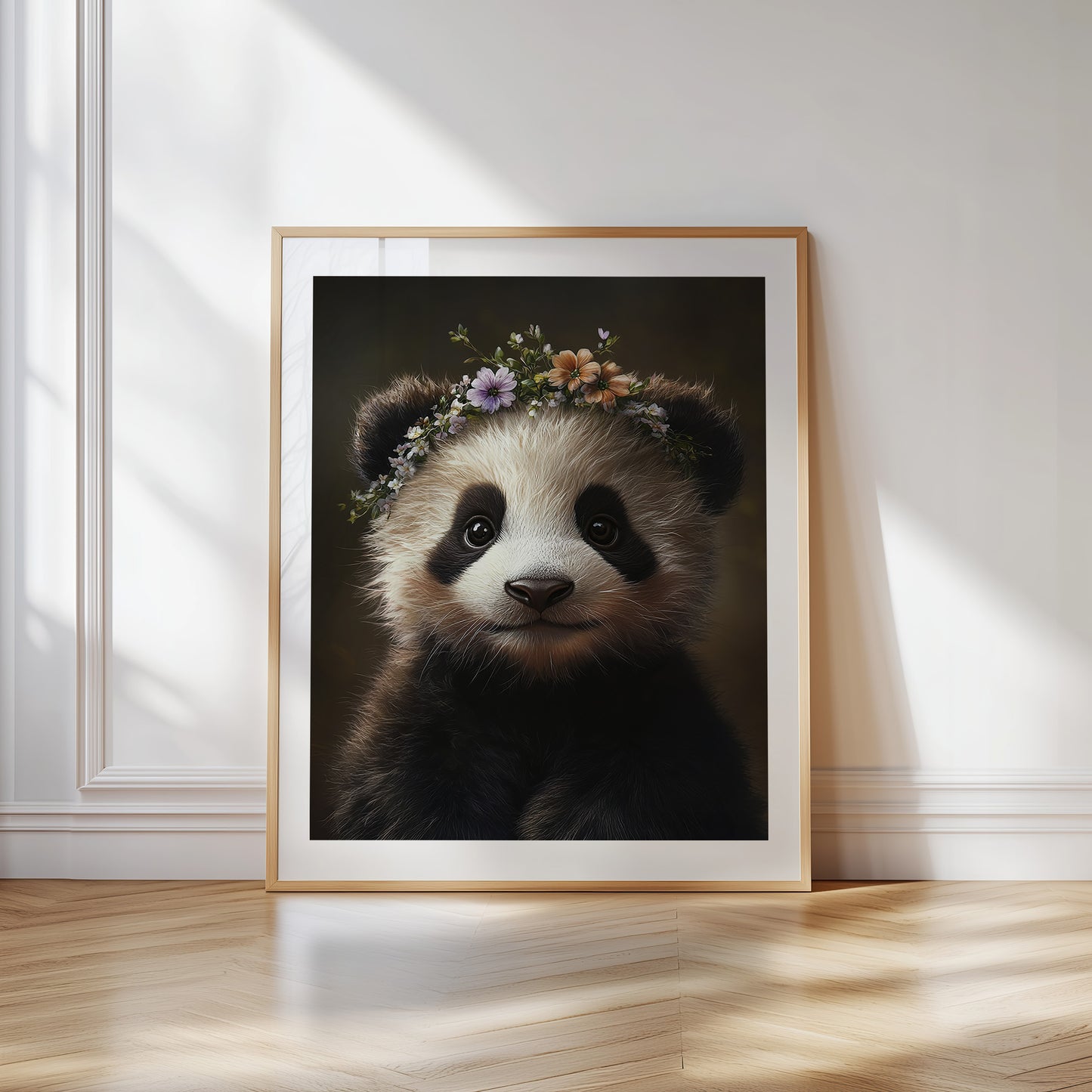 Cute baby panda bear cub with flower crown – printable nursery wall art for kids room, baby room or woodland-themed decor. Includes 4 high-res JPGs. A Dezinbazar original.