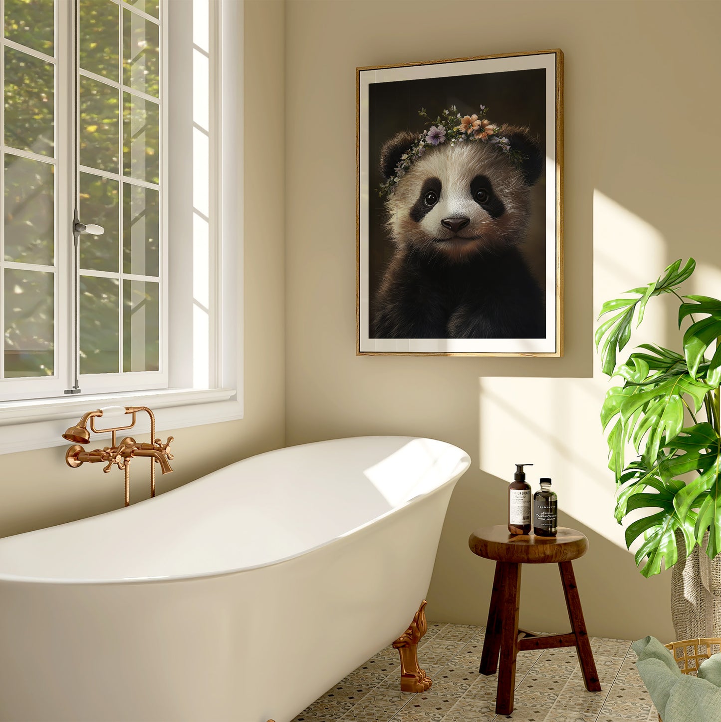 Cute baby panda bear cub with flower crown – printable nursery wall art for kids room, baby room or woodland-themed decor. Includes 4 high-res JPGs. A Dezinbazar original.