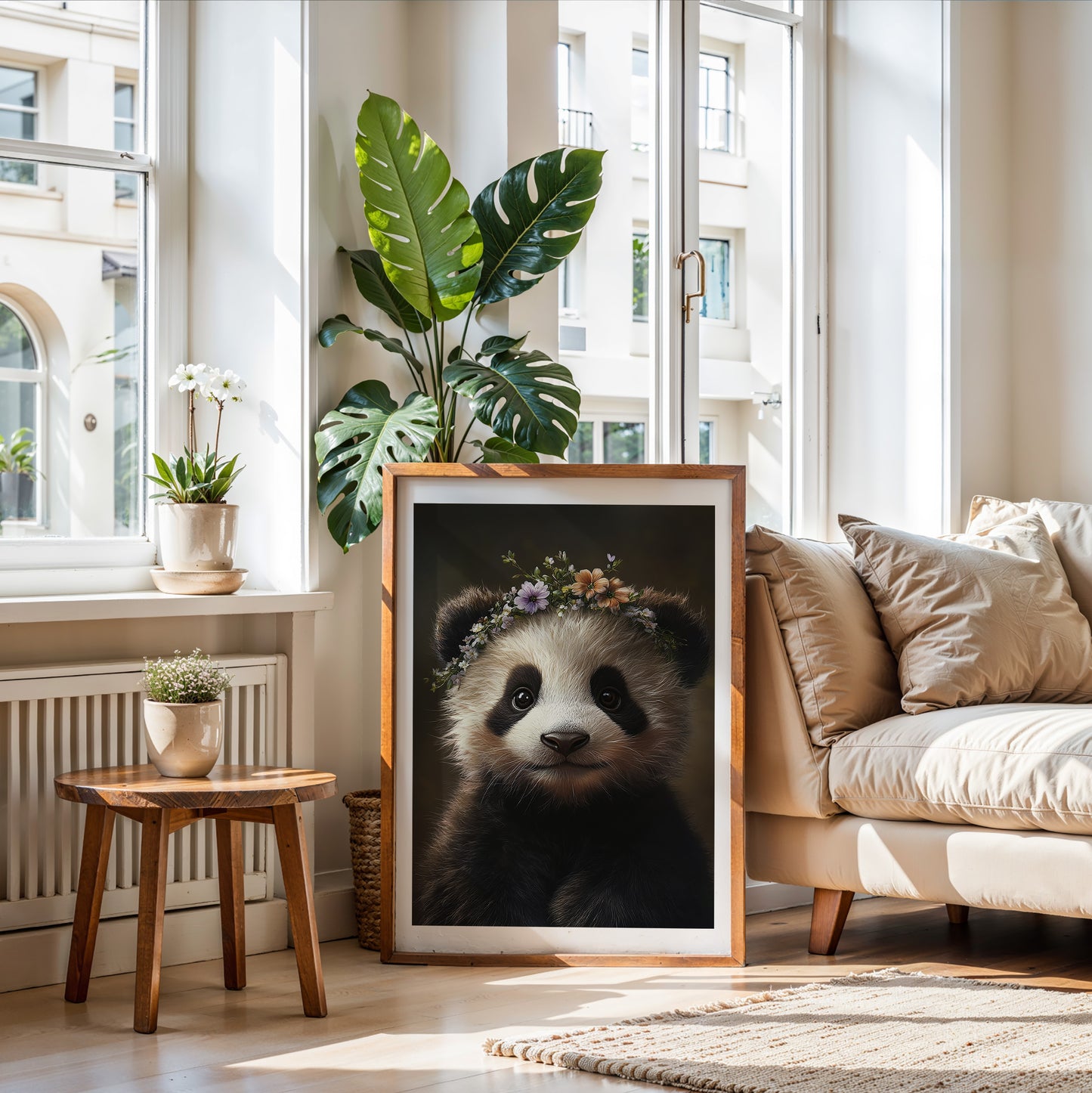 Cute baby panda bear cub with flower crown – printable nursery wall art for kids room, baby room or woodland-themed decor. Includes 4 high-res JPGs. A Dezinbazar original.