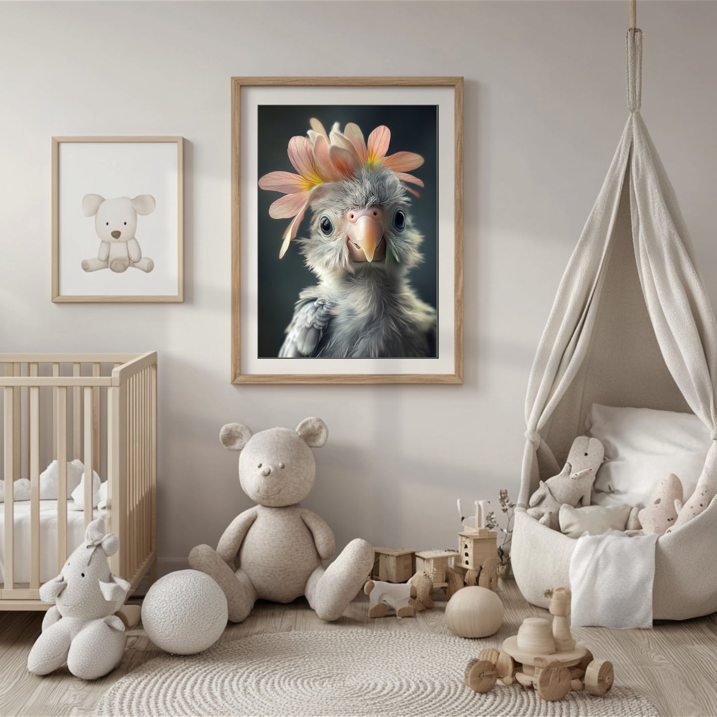 Adorable baby parrot with a flower crown – printable whimsical bird wall art for tropical or jungle-themed nursery decor. Perfect as a gift for expecting parents, baby showers or bird lovers. This high-resolution digital artwork includes various sizes and is easy to print at home or professionally. A colorful and cheerful Dezinbazar design that brings joy and a touch of the wild into your child’s room.