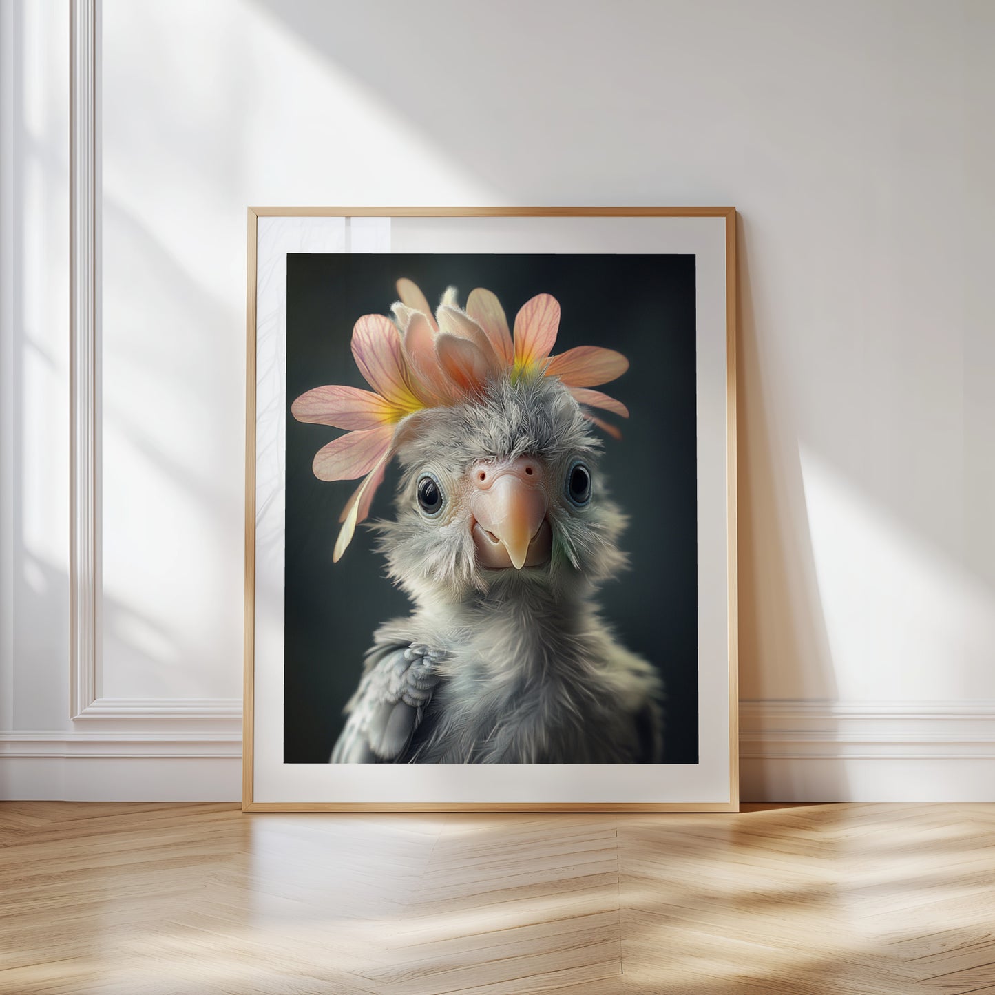 Adorable baby parrot with a flower crown – printable whimsical bird wall art for tropical or jungle-themed nursery decor. Perfect as a gift for expecting parents, baby showers or bird lovers. This high-resolution digital artwork includes various sizes and is easy to print at home or professionally. A colorful and cheerful Dezinbazar design that brings joy and a touch of the wild into your child’s room.