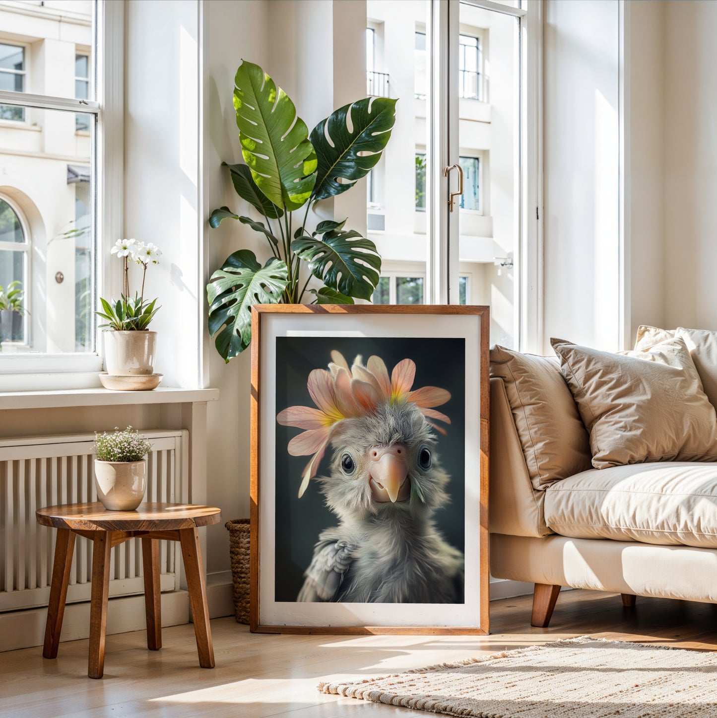 Adorable baby parrot with a flower crown – printed on premium semi-glossy paper in multiple sizes. A colorful jungle wall art piece for nursery, kids room or tropical-themed decor. FSC-certified quality, ideal as a gift for bird lovers, expecting parents or baby showers. This physical poster adds a cheerful and exotic touch to any space. Be proud. Be kind. Be wild – by Dezinbazar.