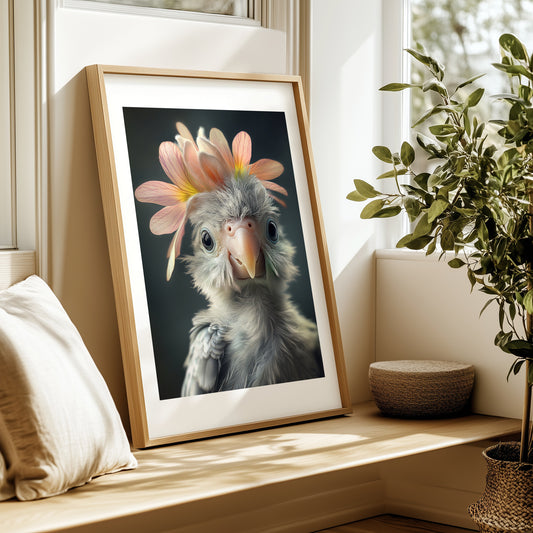 Adorable baby parrot with a flower crown – printed on premium semi-glossy paper in multiple sizes. A colorful jungle wall art piece for nursery, kids room or tropical-themed decor. FSC-certified quality, ideal as a gift for bird lovers, expecting parents or baby showers. This physical poster adds a cheerful and exotic touch to any space. Be proud. Be kind. Be wild – by Dezinbazar.