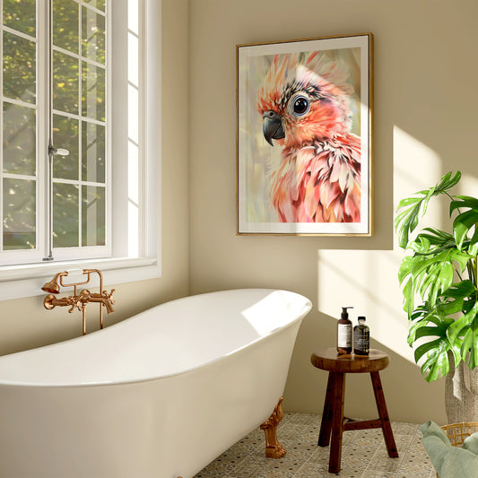 Tropical baby parrot poster in pastel pink tones, perfect for decorating bathrooms, beach houses, or nursery walls. Printed on 200 gsm semi-glossy FSC-certified paper, available in DIN sizes (A4–A0) and standard formats (30×40 cm, 50×70 cm). Eco-friendly, made to order, and a stunning gift for bird lovers, beach decor fans or tropical nurseries. Be proud. Be kind. Be wild – by Dezinbazar.