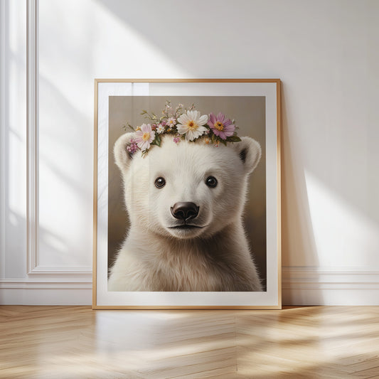 Cute baby polar bear poster with flower crown – printed on 200 gsm semi-glossy FSC-certified paper. This arctic-themed nursery print brings winter calm and sweet charm to baby rooms. Available in sizes A4 to A0 and 30×40 cm to 50×70 cm. Fits standard IKEA frames. A heartfelt gift for animal lovers. Be proud. Be kind. Be wild – by Dezinbazar.