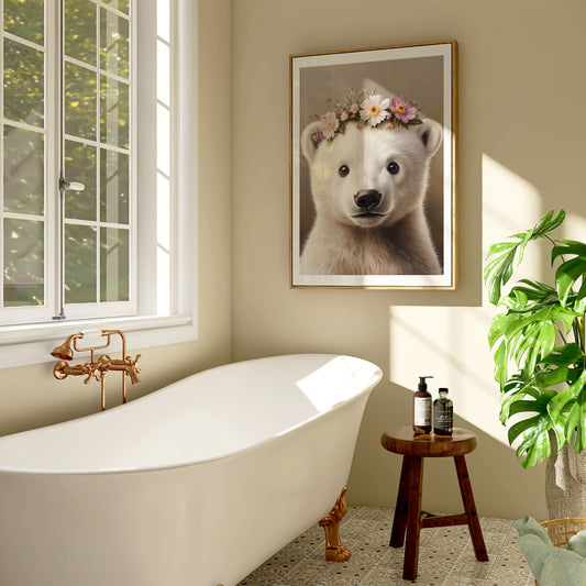 Adorable baby polar bear with floral crown – printable nursery wall art for arctic or winter-themed kids rooms. Includes 4 high-res JPGs. A Dezinbazar original.