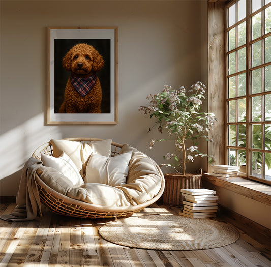 Curly brown baby poodle with a plaid bandana – printed on 200 gsm semi-glossy FSC-certified paper. This dog-themed wall art is ideal for pet lovers, dog moms, or cozy home decor. Available in DIN and standard sizes. Fits IKEA frames. Be proud. Be kind. Be wild – by Dezinbazar.