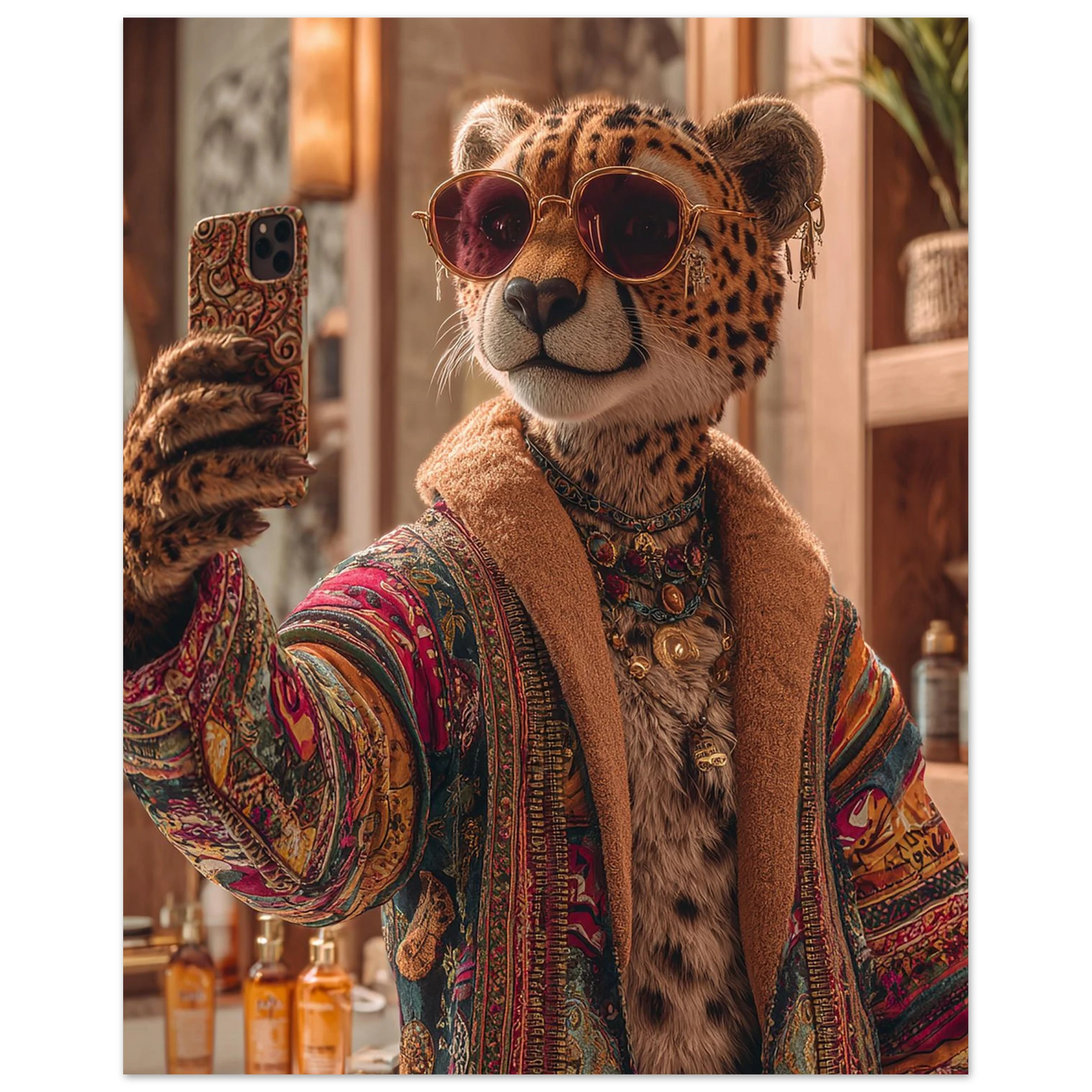 Premium poster of a stylish cheetah woman taking a selfie in a modern bathroom. Wearing a colorful robe, jewelry, and sunglasses, she brings humor and chic jungle vibes to your decor. Perfect wall art for bathrooms, kids rooms, or modern interiors. Printed on 200 gsm semi-glossy FSC-certified paper, available in sizes A4–A0 and 30×40/50×70 cm – fits IKEA frames.