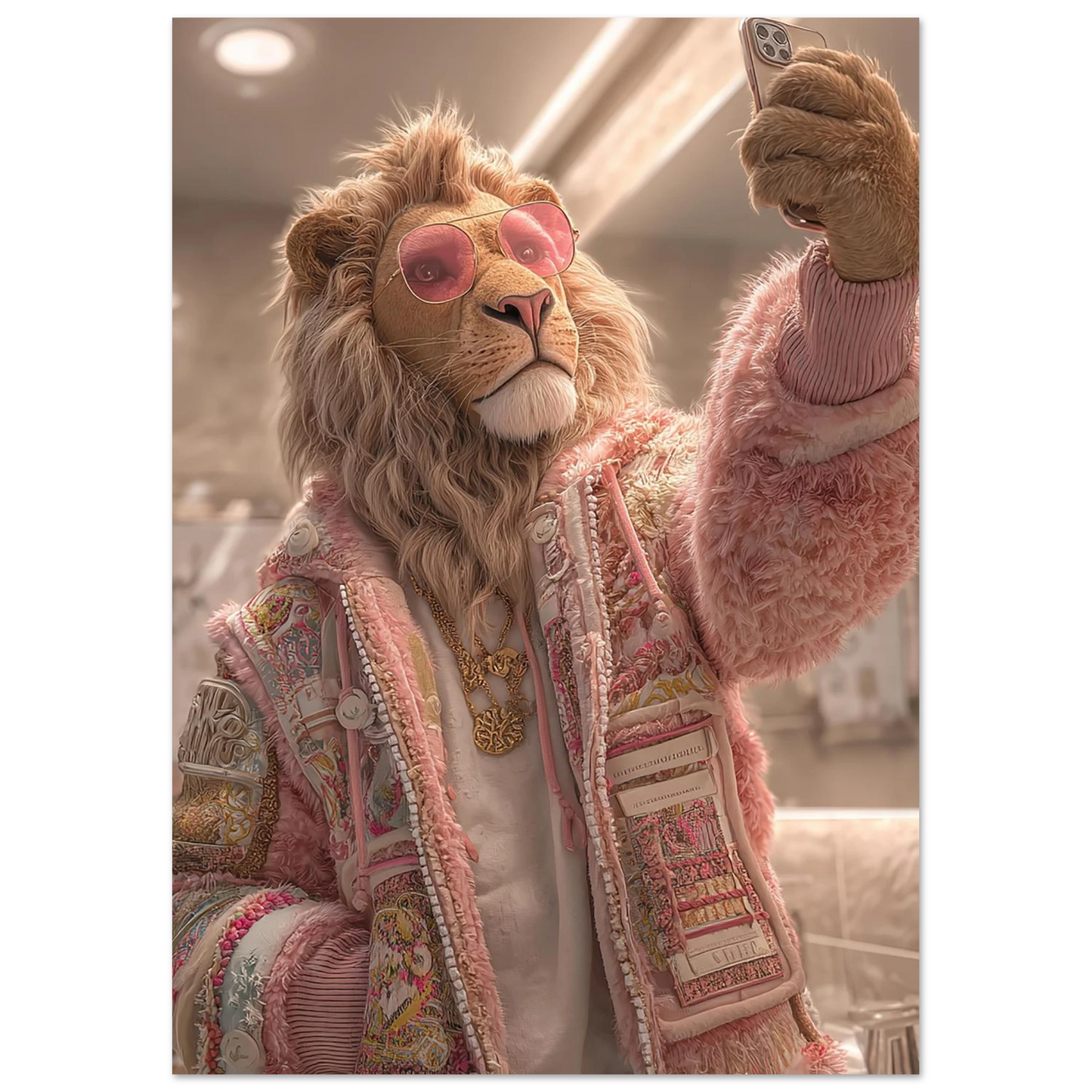 Premium poster of a stylish lion standing in a modern bathroom, taking a selfie with pink sunglasses and a gold necklace. Perfect for bathroom wall decor, modern interiors, or as a humorous gift. Printed on 200 gsm semi-glossy FSC-certified paper in multiple sizes from A4 to A0 and 30×40/50×70 cm – fits IKEA frames.