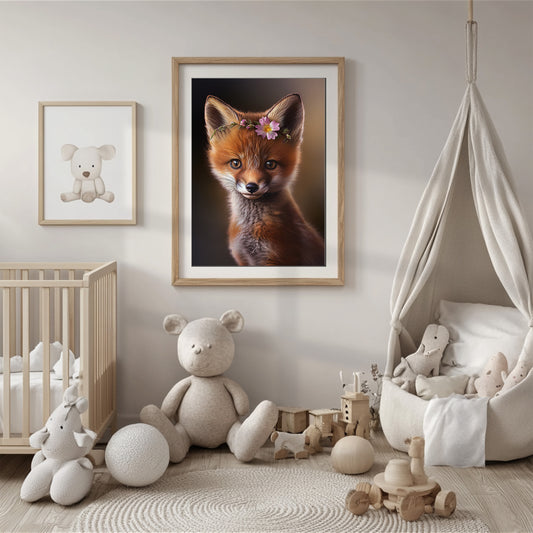 Baby red fox poster with flower crown for woodland nursery or kids room