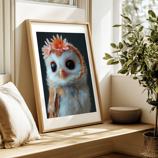 Printable barn owl wall art with two flowers on head – a sweet woodland-themed illustration perfect for nursery decor, kids’ rooms, or animal lovers. High-resolution digital download in various sizes. This calm and whimsical design adds a nature-inspired touch to any room. A gentle and exclusive Dezinbazar creation.