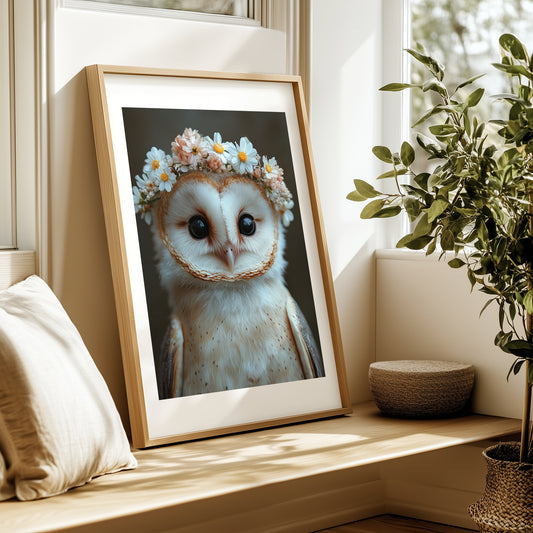 Charming barn owl wall art with floral crown, perfect for woodland nursery decor, kids’ rooms, or nature-themed interiors. This printable art includes high-res digital files in multiple sizes for easy printing. Ideal gift for animal lovers and gentle forest-inspired rooms. A unique and heartwarming Dezinbazar design.
