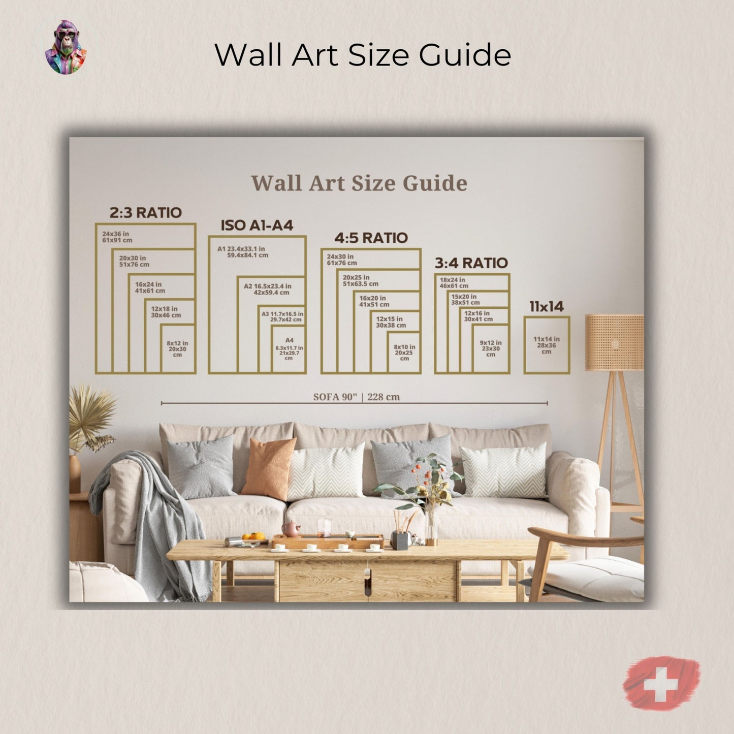 Wall art size guide showing different poster formats above a sofa. Includes all sizes offered by Dezinbazar: DIN formats A4, A3, A2, A1, A0 and standard sizes 30×40 cm, 40×50 cm, 50×70 cm. Helps customers visualize poster dimensions in a real room setting. Ideal for home decor planning and physical art print shoppers.