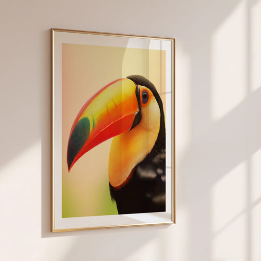 Tropical toucan digital print with vibrant colors and soft pastel background. Perfect for bathrooms, beach houses, or jungle nurseries. High-resolution JPG in multiple sizes from A5 to A0, 30×40 cm and 50×70 cm included. Ideal for bird lovers and tropical wall art fans. Instant download. Be proud. Be kind. Be wild – by Dezinbazar.