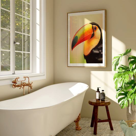 Colorful toucan poster in soft pastel tones, perfect for decorating bathrooms, beach houses, or jungle nurseries. Printed on 200 gsm semi-glossy FSC-certified premium paper, available in sizes A4–A0 and 30×40 cm, 50×70 cm. A stunning and eco-friendly gift for bird lovers and tropical wall decor fans. Be proud. Be kind. Be wild – by Dezinbazar.