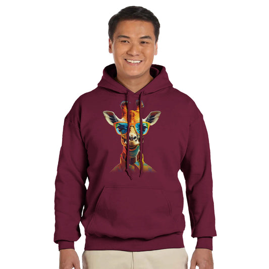 Unisex giraffe hoodie featuring a stylish and bold giraffe design. Soft cotton-poly blend for comfort and durability. Perfect for casual, sporty, or lounge outfits. Double-lined hood, kangaroo pocket, and ribbed cuffs for a modern streetwear look. Available in sizes S–3XL for men and women. Great for animal and fashion lovers who want a unique statement piece. Be proud. Be kind. Be wild – by Dezinbazar.