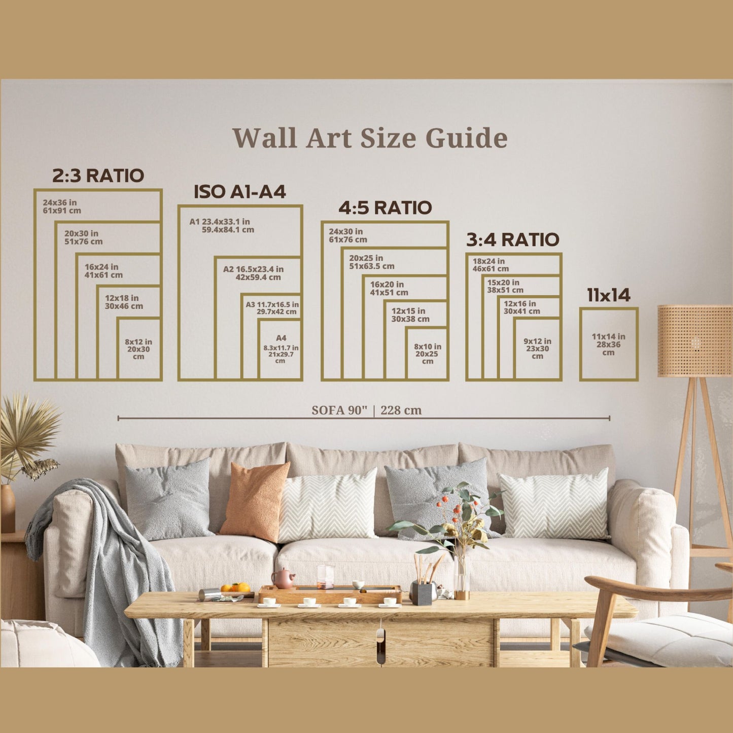 Wall art size guide showing different poster formats above a sofa. Includes common sizes like A5, A4, A3, A2, 30x40 cm, 50x70 cm, and more for easy size comparison. Helps customers visualize artwork dimensions in a real room setting. Ideal for printable art and home decor shoppers.
