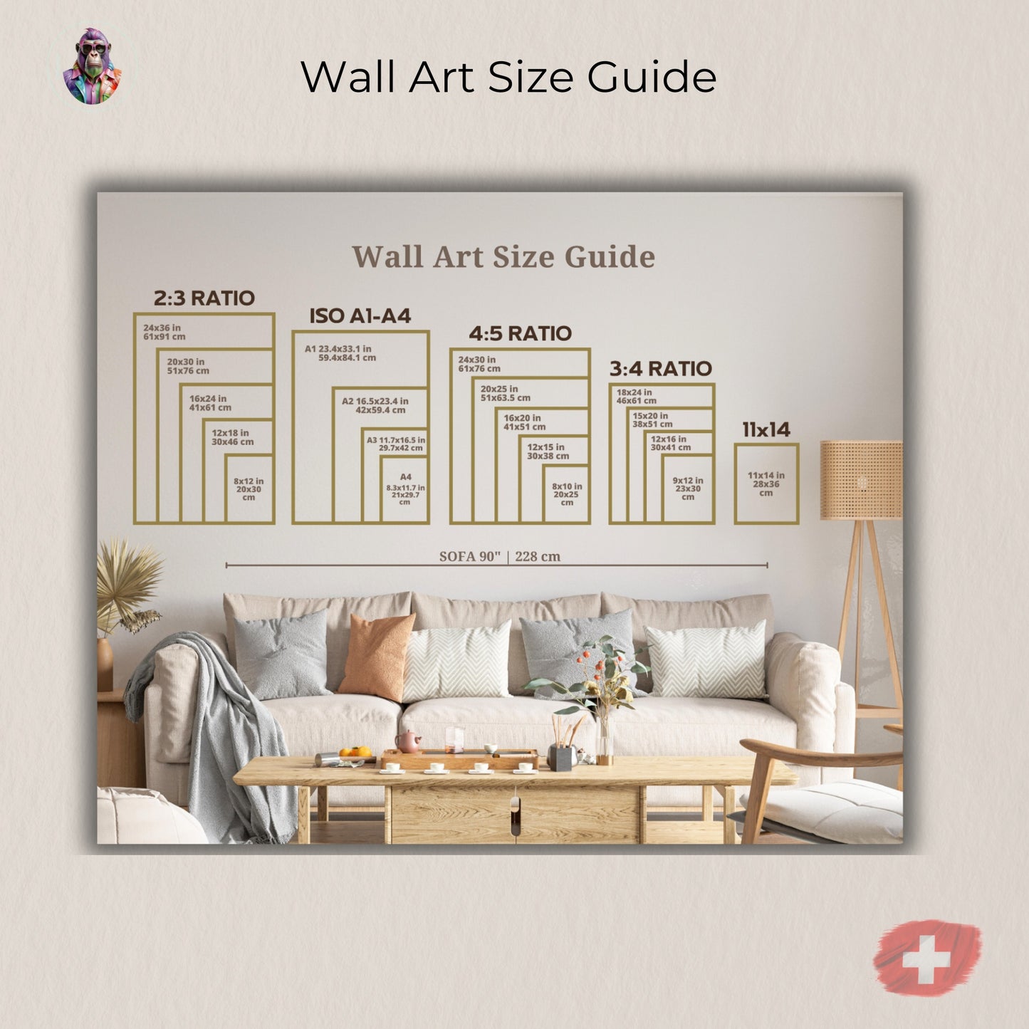 Wall art size guide showing different poster formats above a sofa. Includes common sizes like A5, A4, A3, A2, 30x40 cm, 50x70 cm, and more for easy size comparison. Helps customers visualize artwork dimensions in a real room setting. Ideal for printable art and home decor shoppers.