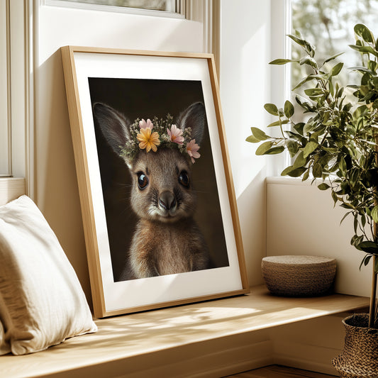 Cute baby wallaby with flower crown – printable Australian nursery animal wall art for kids room or baby space. Includes 4 high-res JPGs. A Dezinbazar original.