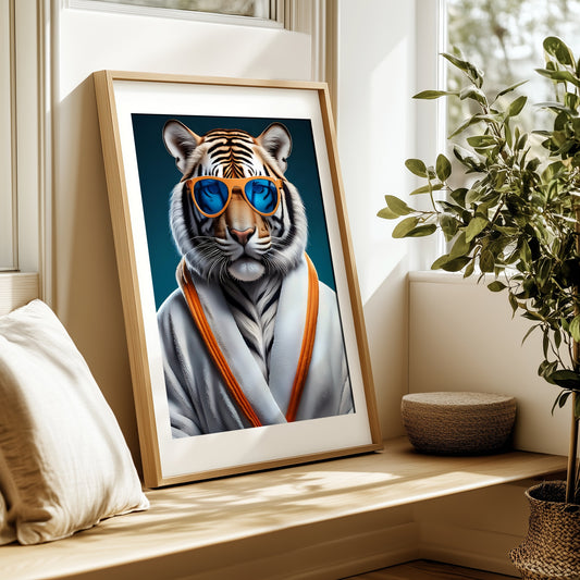 Stylish white tiger in a bathrobe – high-resolution digital print for instant download. A fun and elegant artwork that adds calm and character to bathrooms, living rooms, or spa spaces. Perfect gift for wellness lovers, design fans, or those who enjoy humorous art. Includes 300 DPI JPEG files in multiple sizes for easy printing at home or professionally. No physical item, frame, or decor included.