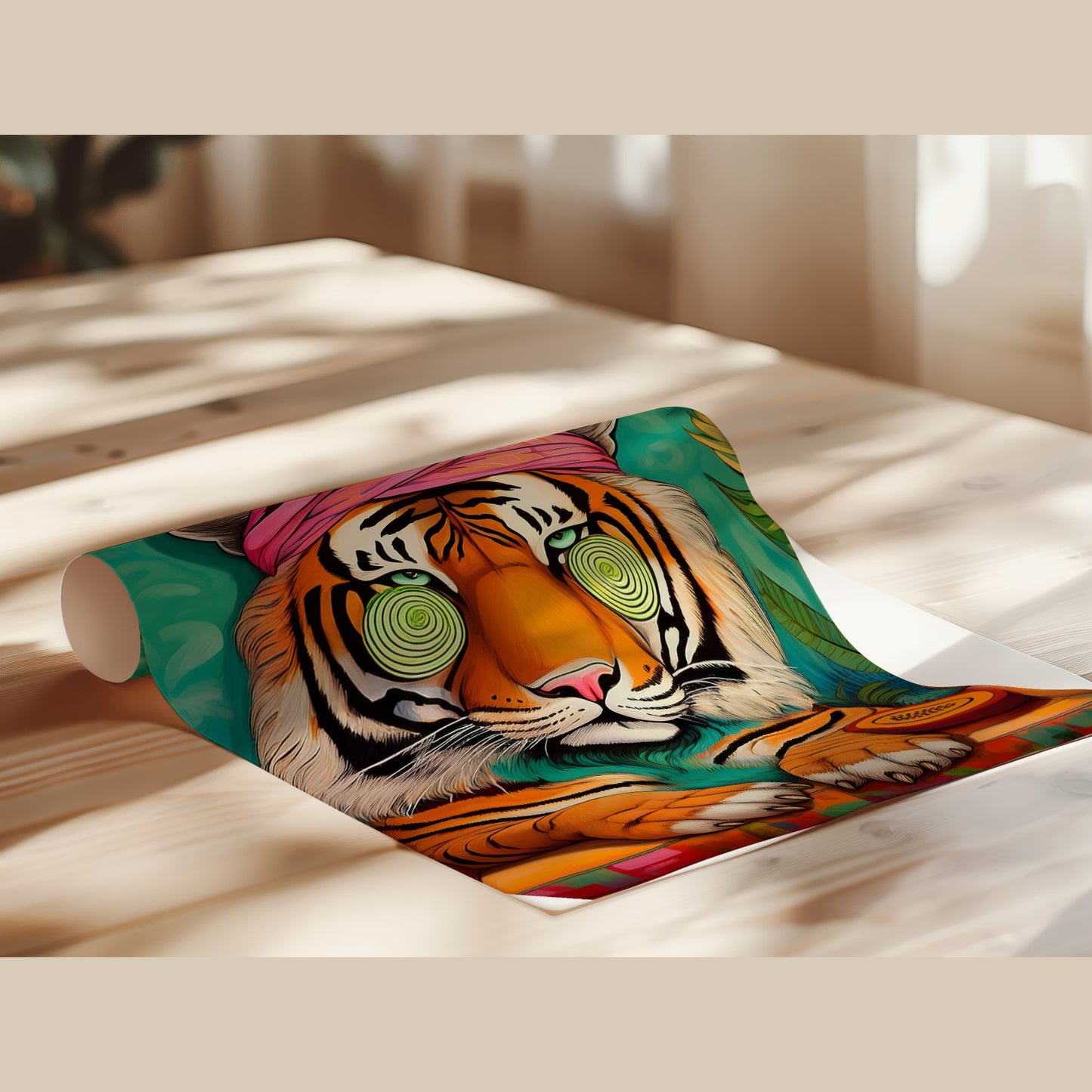 Wellness Tiger Poster – Entspannter Tiger im Bademantel | Digitale Kunst & Wanddeko