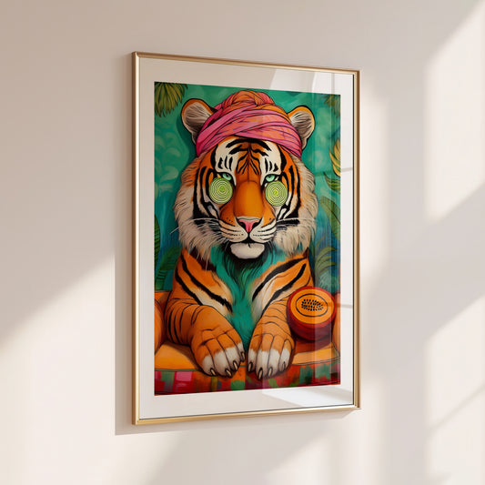 Digital print of a relaxed tiger wearing a pink turban, resting near a papaya. Surreal, colorful animal illustration blending wellness and humor. Ideal for yoga corners, bathrooms, meditation spaces, or dopamine decor lovers. This mindful artwork symbolizes inner peace, self-care, natural beauty, and stress relief. Great for printing in zen garden-inspired homes. High-resolution JPEG file. Instant download. Original art by Dezinbazar for calm, vibrant living.
