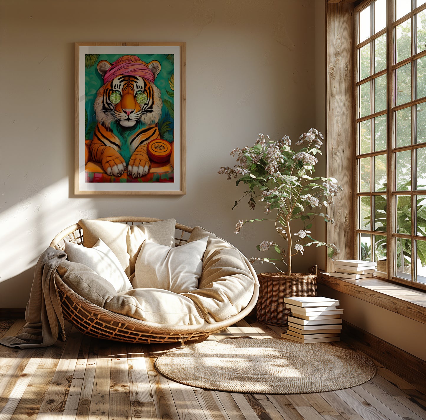 Wellness tiger poster with cucumber eyes, relaxing jungle animal wall art perfect for bathrooms, spa rooms, or zen spaces. Printed on premium 200 gsm semi-glossy FSC-certified paper, available in sizes from A4 to A0 or 30×40 cm, 50×70 cm. A playful and calming addition to wellness interiors or as a self-care gift. Be proud. Be kind. Be wild – by Dezinbazar.