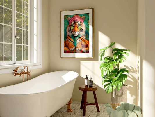 Wellness tiger poster with cucumber eyes, relaxing jungle animal wall art perfect for bathrooms, spa rooms, or zen spaces. Printed on premium 200 gsm semi-glossy FSC-certified paper, available in sizes from A4 to A0 or 30×40 cm, 50×70 cm. A playful and calming addition to wellness interiors or as a self-care gift. Be proud. Be kind. Be wild – by Dezinbazar.