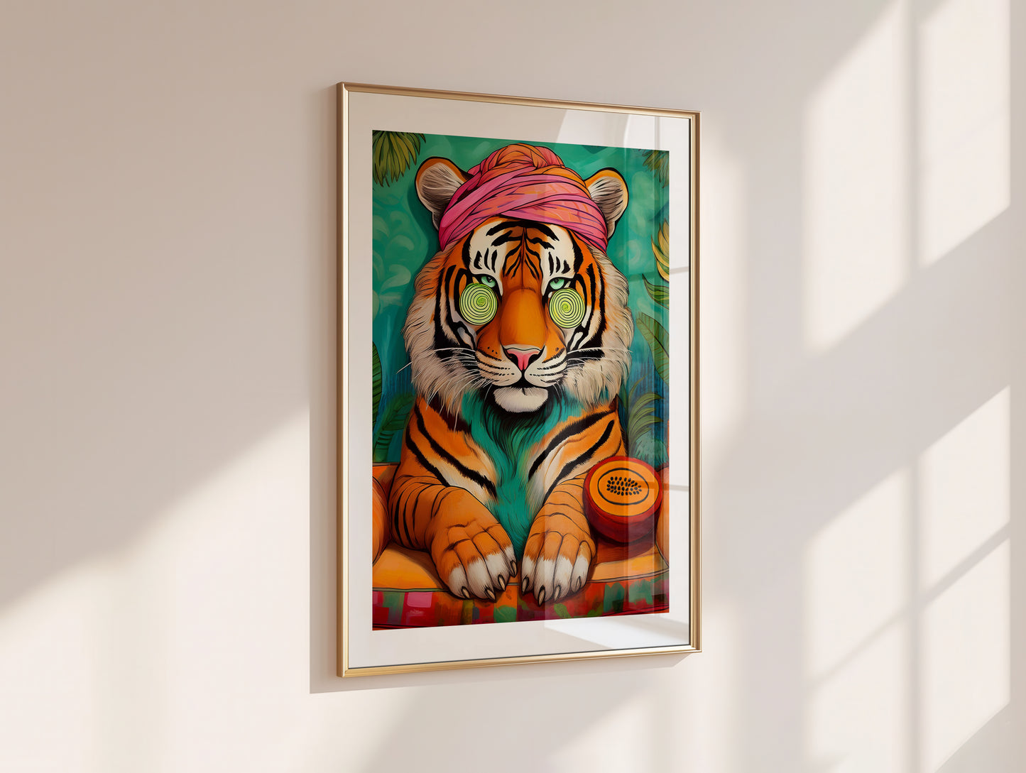 Wellness tiger poster with cucumber eyes, relaxing jungle animal wall art perfect for bathrooms, spa rooms, or zen spaces. Printed on premium 200 gsm semi-glossy FSC-certified paper, available in sizes from A4 to A0 or 30×40 cm, 50×70 cm. A playful and calming addition to wellness interiors or as a self-care gift. Be proud. Be kind. Be wild – by Dezinbazar.