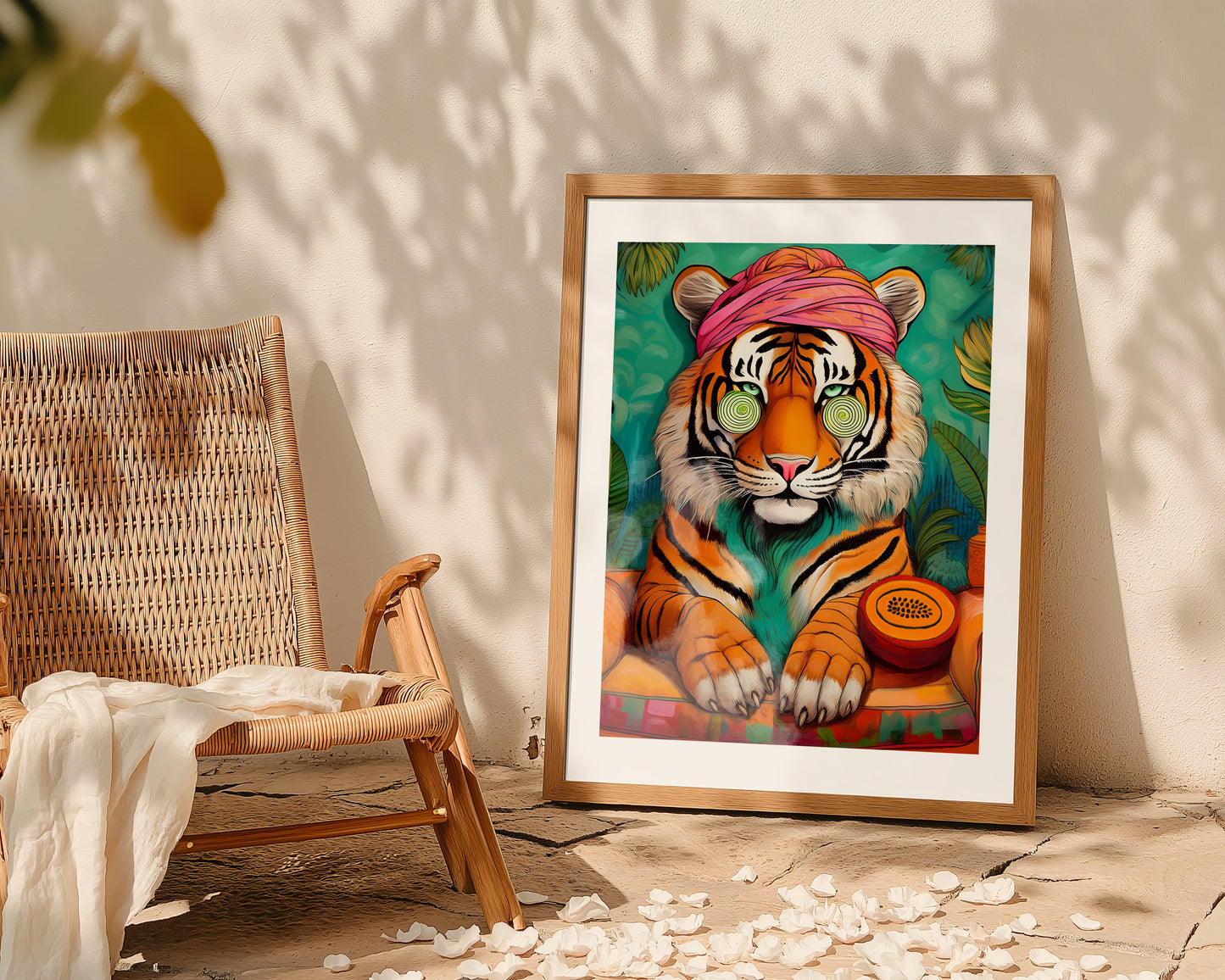 Wellness tiger poster with cucumber eyes, relaxing jungle animal wall art perfect for bathrooms, spa rooms, or zen spaces. Printed on premium 200 gsm semi-glossy FSC-certified paper, available in sizes from A4 to A0 or 30×40 cm, 50×70 cm. A playful and calming addition to wellness interiors or as a self-care gift. Be proud. Be kind. Be wild – by Dezinbazar.