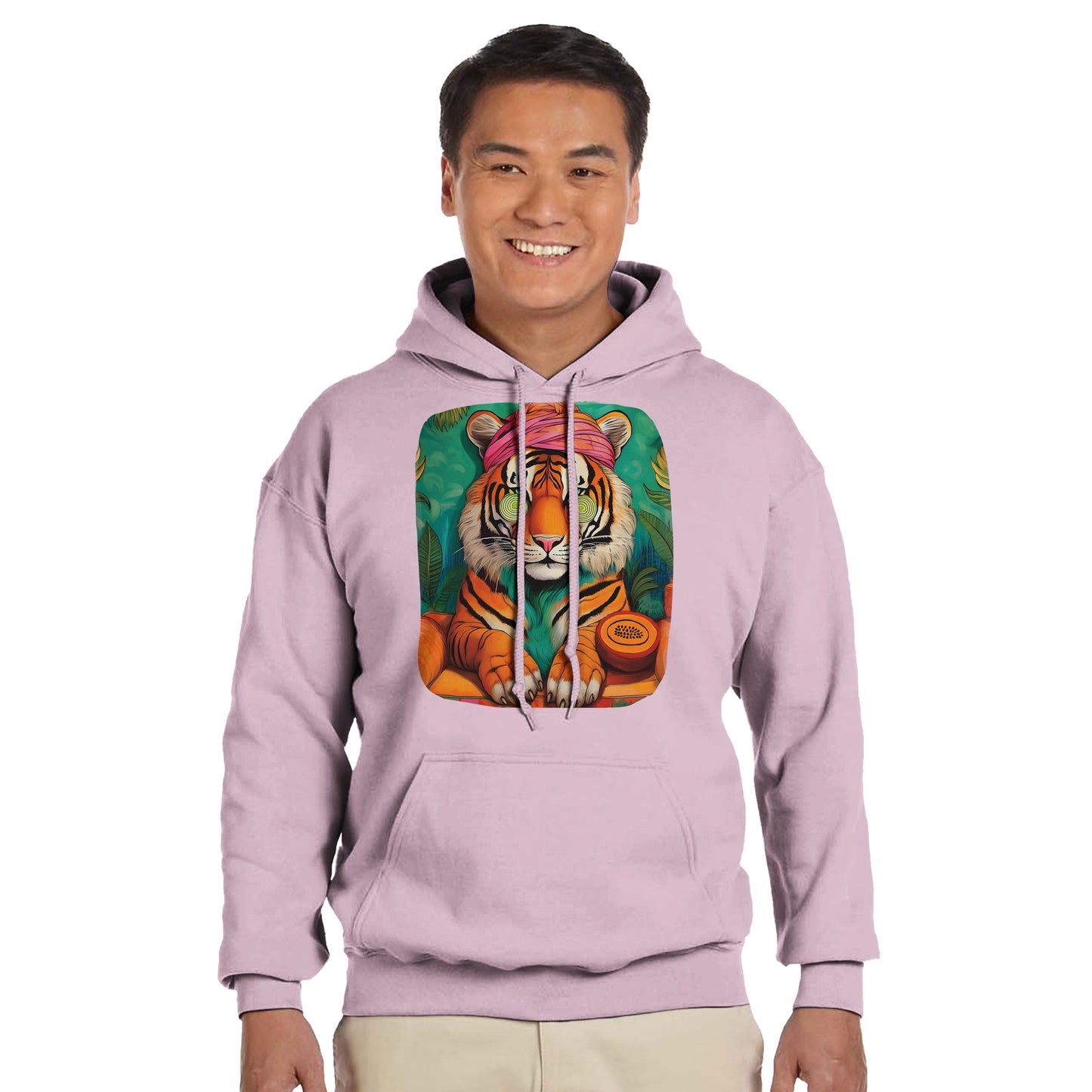 Wellness tiger hoodie with bold tiger design symbolizing strength and calmness. Unisex streetwear sweatshirt made from soft cotton-poly blend for comfort and durability. Perfect for casual outfits, sporty looks, or cozy days at home. Available in sizes S–3XL with double-lined hood, kangaroo pocket, and ribbed cuffs. A stylish and versatile hoodie for tiger lovers, fashion fans, and anyone seeking wellness vibes. Be proud. Be kind. Be wild – by Dezinbazar.