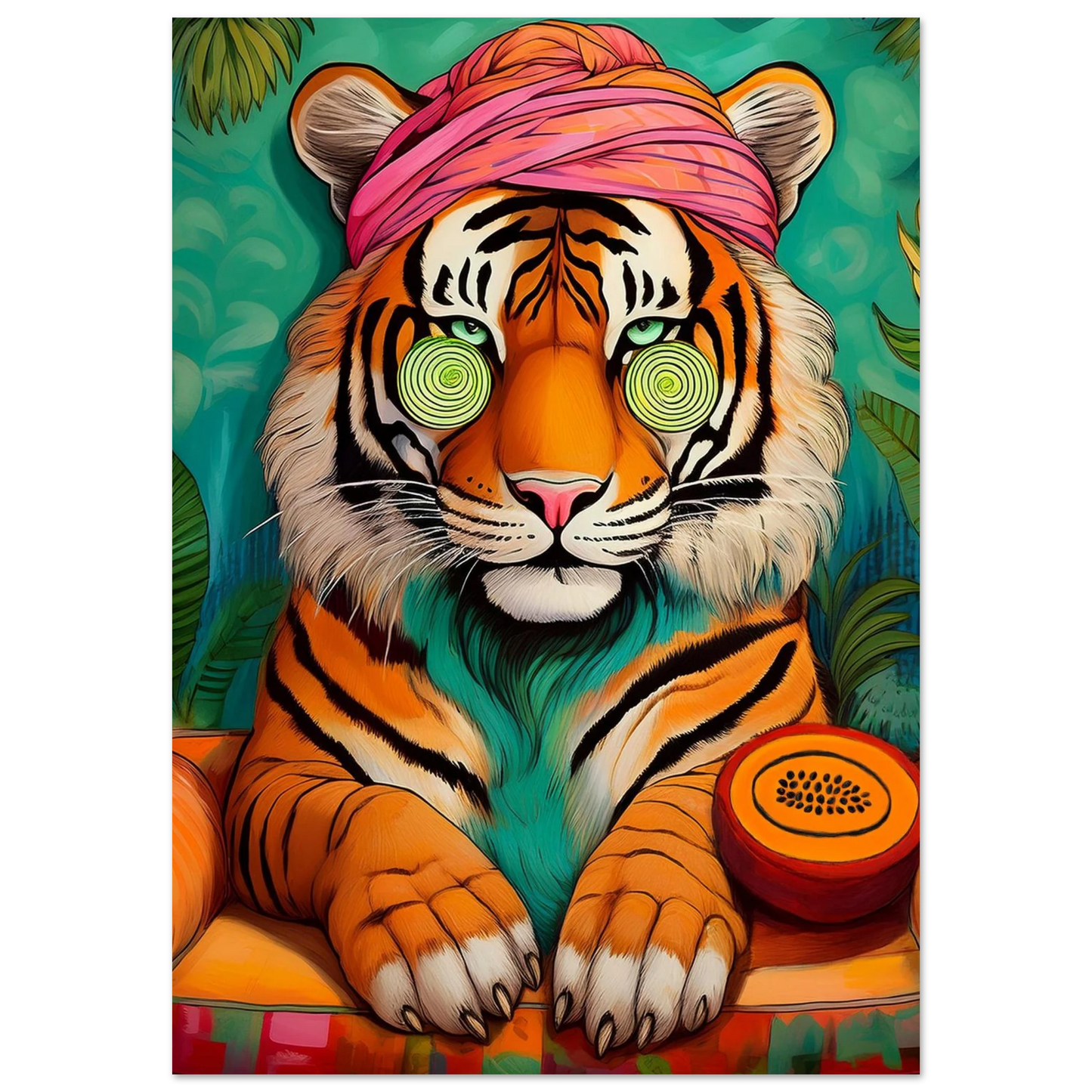 Wellness tiger poster with cucumber eyes, relaxing jungle animal wall art perfect for bathrooms, spa rooms, or zen spaces. Printed on premium 200 gsm semi-glossy FSC-certified paper, available in sizes from A4 to A0 or 30×40 cm, 50×70 cm. A playful and calming addition to wellness interiors or as a self-care gift. Be proud. Be kind. Be wild – by Dezinbazar.