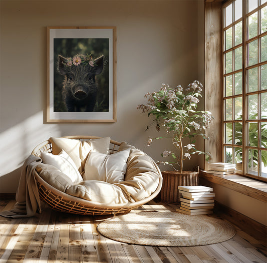 Adorable baby wild boar with flower crown – printable digital wall art for woodland nursery, kids room or bathroom. A sweet and earthy forest animal design. Ideal as new mom or baby shower gift. High-resolution JPGs included. A Dezinbazar original.