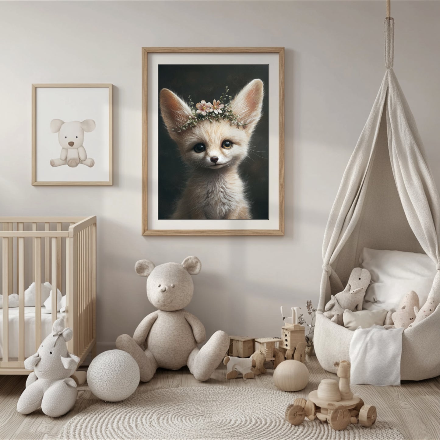 Adorable baby fennec fox with flower crown – printable digital wall art for safari-themed nursery, bathroom or kids room. This gentle animal design brings nature and charm to any space. Ideal as a baby shower gift. Delivered as high-res JPGs in multiple sizes, easy to print at home or professionally. A Dezinbazar original.