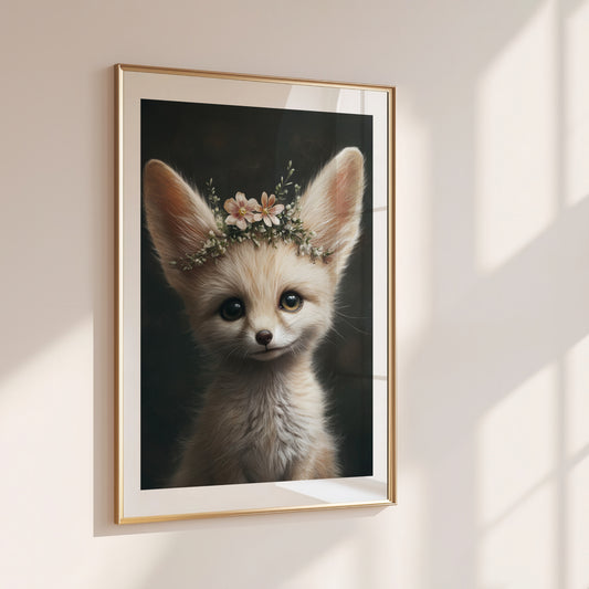 Adorable baby fennec fox with flower crown – printable digital wall art for safari-themed nursery, bathroom or kids room. This gentle animal design brings nature and charm to any space. Ideal as a baby shower gift. Delivered as high-res JPGs in multiple sizes, easy to print at home or professionally. A Dezinbazar original.