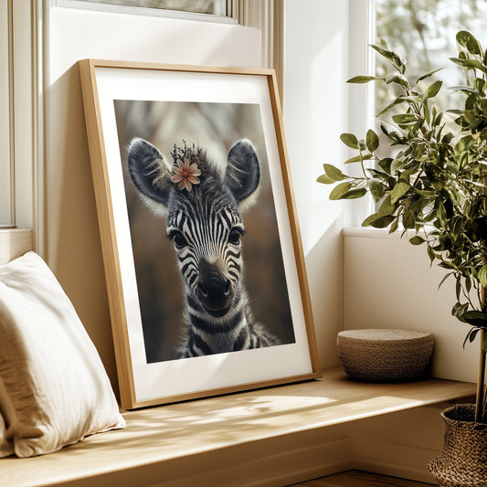 Baby zebra poster with cute safari charm and floral crown, designed for jungle nurseries or kids rooms. Printed on 200 gsm semi-glossy FSC-certified paper, available in sizes A4–A0, 30×40 cm, 50×70 cm. A sweet, eco-friendly wall art piece perfect for safari nursery decor or baby room gifts. Be proud. Be kind. Be wild – by Dezinbazar.