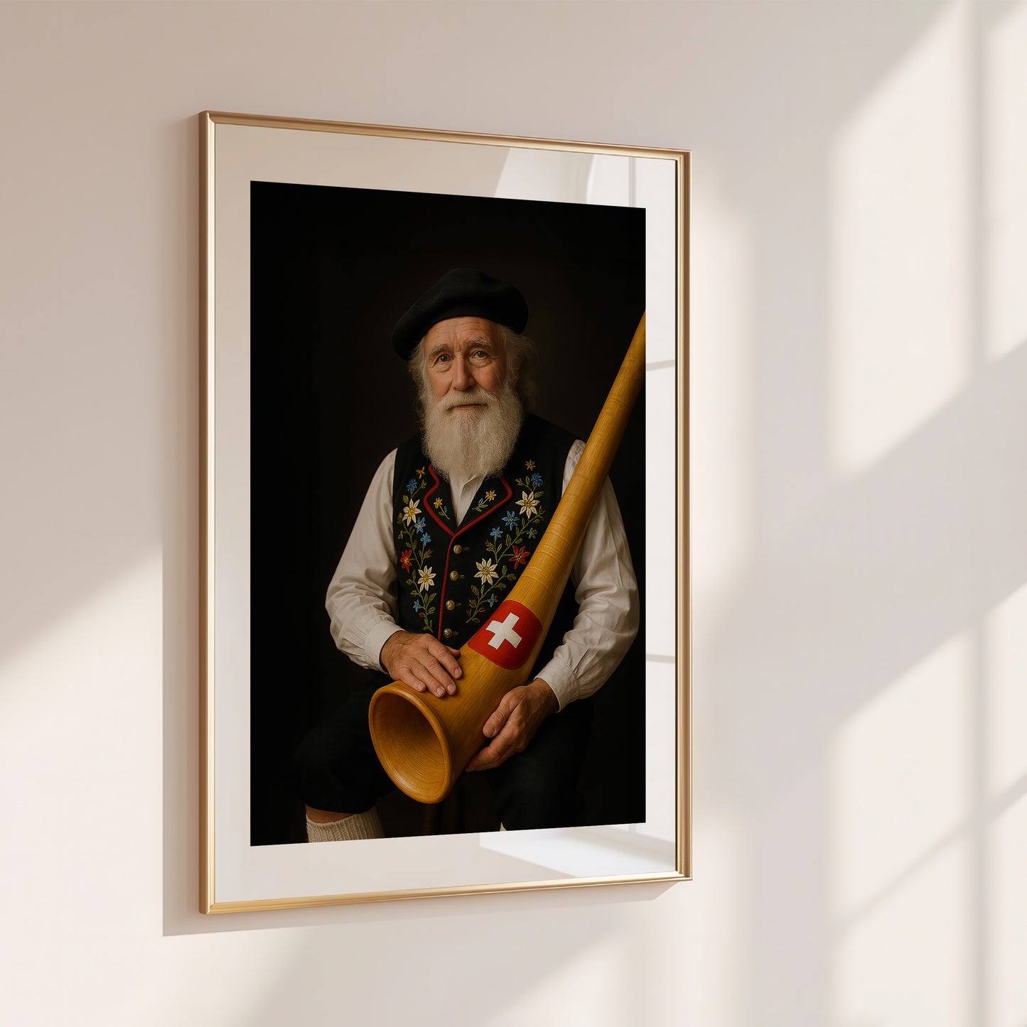 Elderly Swiss man in traditional Appenzeller yodeling attire with black embroidered vest, holding a wooden alphorn marked with a Swiss flag emblem. Set against a dark soft-focus background, perfect for celebrating Swiss heritage. High-resolution printable wall art for lovers of folk culture and alpine charm. Ideal for living rooms, music rooms, or rustic interiors. Be proud. Be kind. Be wild – by Dezinbazar.