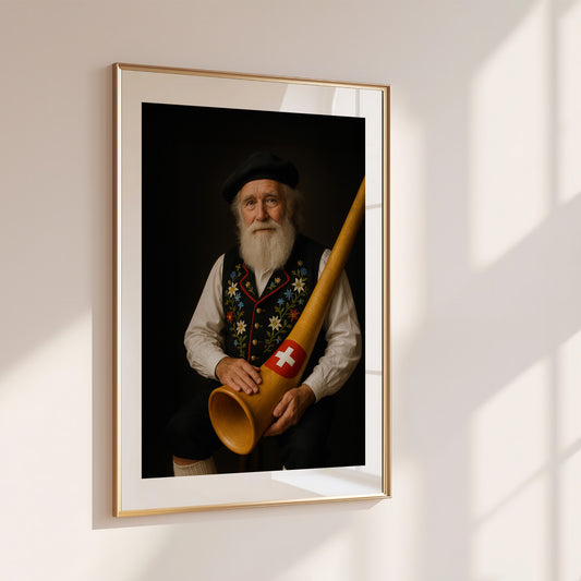 Traditional Swiss yodeler in embroidered Appenzeller outfit with polished alphorn featuring a Swiss flag emblem. This poster celebrates Swiss culture, perfect for rustic interiors, mountain homes, or folk art lovers. Printed on semi-glossy FSC-certified paper in sizes A4–A0 and 30×40 cm to 50×70 cm. High-quality wall decor made to order. Be proud. Be kind. Be wild – by Dezinbazar.