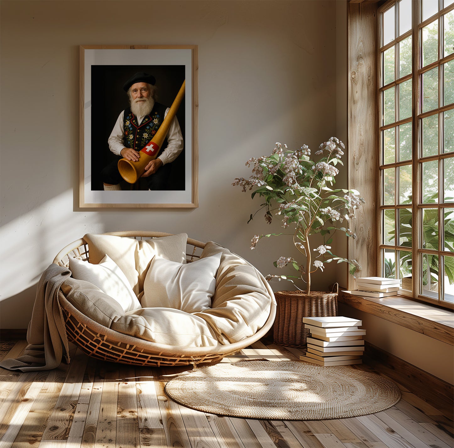 Elderly Swiss man in traditional Appenzeller yodeling attire with black embroidered vest, holding a wooden alphorn marked with a Swiss flag emblem. Set against a dark soft-focus background, perfect for celebrating Swiss heritage. High-resolution printable wall art for lovers of folk culture and alpine charm. Ideal for living rooms, music rooms, or rustic interiors. Be proud. Be kind. Be wild – by Dezinbazar.