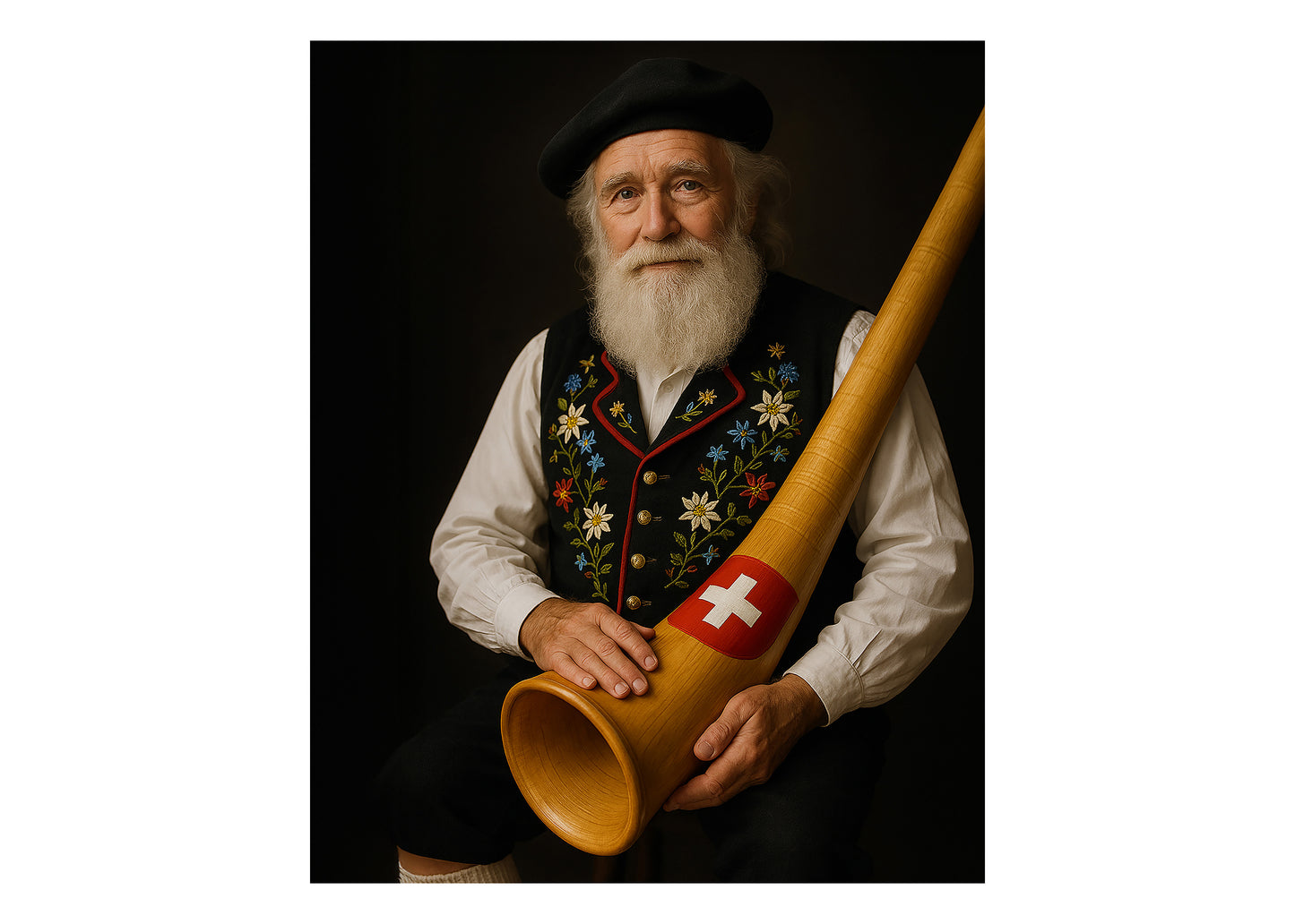 Elderly Swiss man in traditional Appenzeller yodeling attire with black embroidered vest, holding a wooden alphorn marked with a Swiss flag emblem. Set against a dark soft-focus background, perfect for celebrating Swiss heritage. High-resolution printable wall art for lovers of folk culture and alpine charm. Ideal for living rooms, music rooms, or rustic interiors. Be proud. Be kind. Be wild – by Dezinbazar.