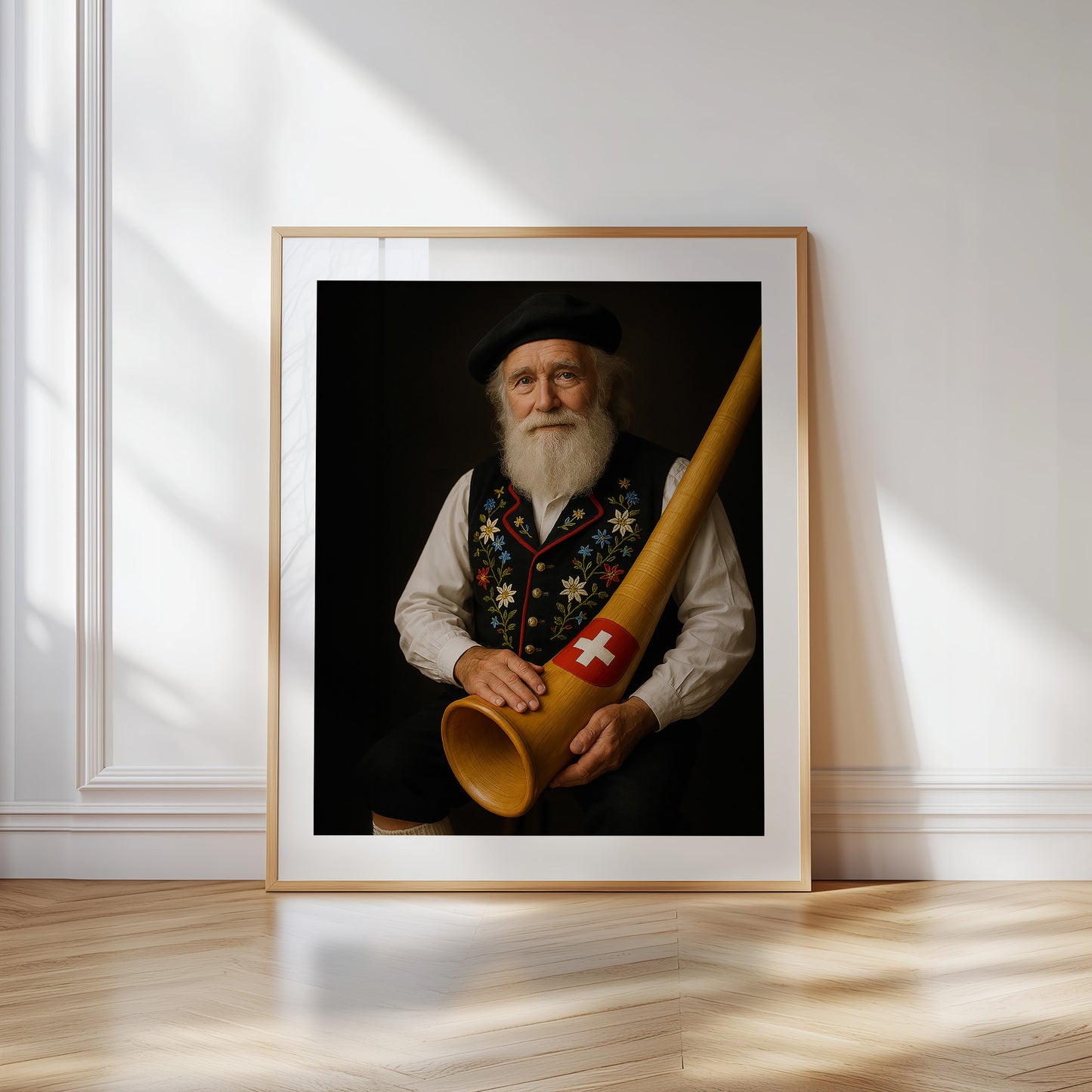 Elderly Swiss man in traditional Appenzeller yodeling attire with black embroidered vest, holding a wooden alphorn marked with a Swiss flag emblem. Set against a dark soft-focus background, perfect for celebrating Swiss heritage. High-resolution printable wall art for lovers of folk culture and alpine charm. Ideal for living rooms, music rooms, or rustic interiors. Be proud. Be kind. Be wild – by Dezinbazar.