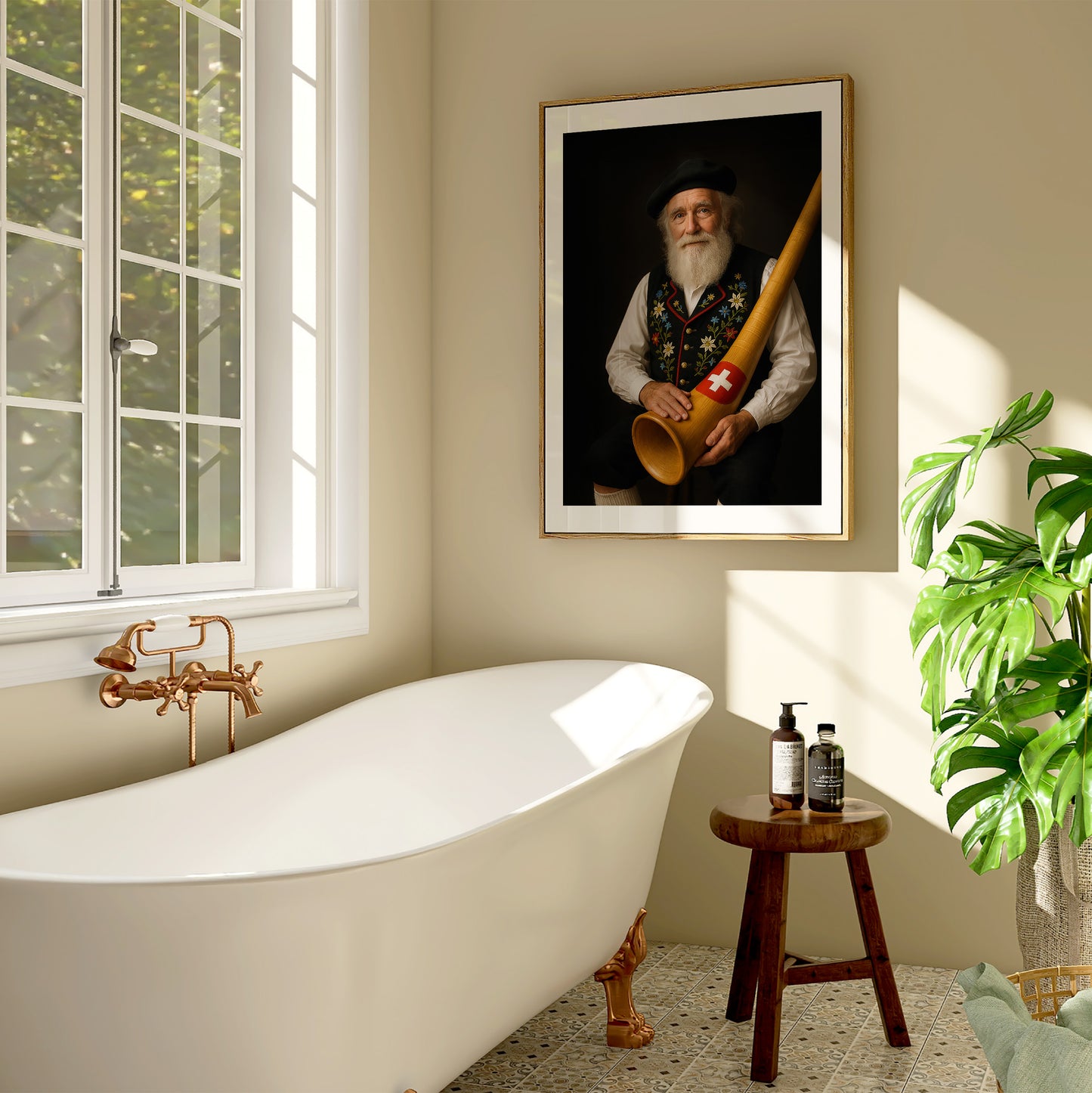 Elderly Swiss man in traditional Appenzeller yodeling attire with black embroidered vest, holding a wooden alphorn marked with a Swiss flag emblem. Set against a dark soft-focus background, perfect for celebrating Swiss heritage. High-resolution printable wall art for lovers of folk culture and alpine charm. Ideal for living rooms, music rooms, or rustic interiors. Be proud. Be kind. Be wild – by Dezinbazar.