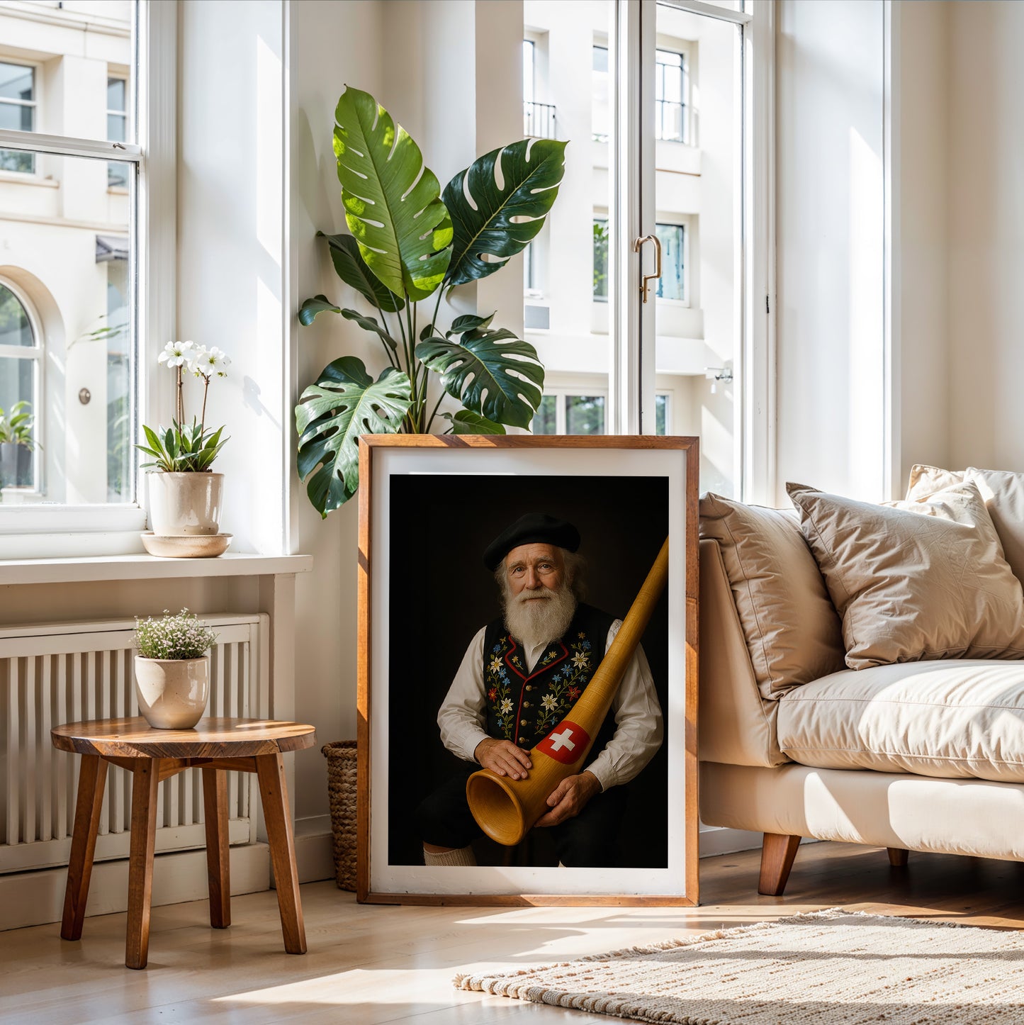 Elderly Swiss man in traditional Appenzeller yodeling attire with black embroidered vest, holding a wooden alphorn marked with a Swiss flag emblem. Set against a dark soft-focus background, perfect for celebrating Swiss heritage. High-resolution printable wall art for lovers of folk culture and alpine charm. Ideal for living rooms, music rooms, or rustic interiors. Be proud. Be kind. Be wild – by Dezinbazar.