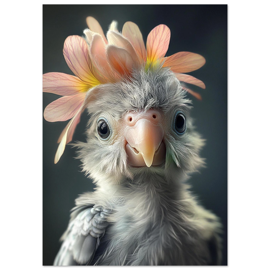 Adorable baby parrot with a flower crown – printed on premium semi-glossy paper in multiple sizes. A colorful jungle wall art piece for nursery, kids room or tropical-themed decor. FSC-certified quality, ideal as a gift for bird lovers, expecting parents or baby showers. This physical poster adds a cheerful and exotic touch to any space. Be proud. Be kind. Be wild – by Dezinbazar.