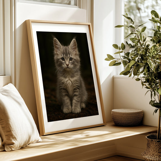 Printable art of a silver-gray Maine Coon kitten with fluffy fur and tabby markings. Perfect for cat nurseries, pet-themed rooms, or cozy interiors. High-resolution digital file in multiple sizes. Ideal for cat lovers. Be proud. Be kind. Be wild – by Dezinbazar.