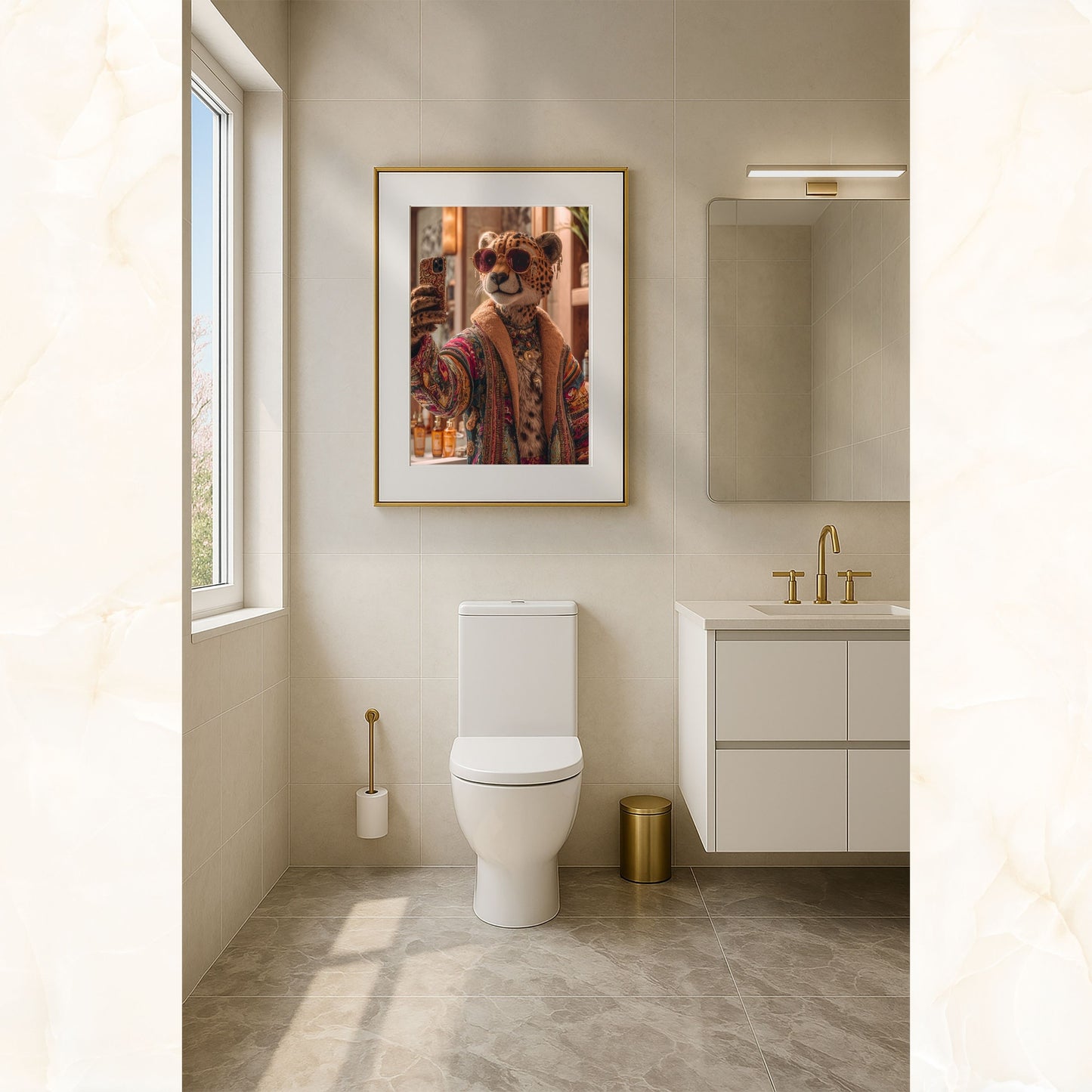Digital art print of a stylish cheetah woman taking a selfie in a modern bathroom. She wears a colorful patterned robe, jewelry, and sunglasses, combining humor and chic jungle vibes. Perfect printable wall art for bathrooms, living rooms, or as a unique gift. Includes DIN A5–A0, 4:5, 3:4, and 30×40/50×70 cm sizes for easy printing.