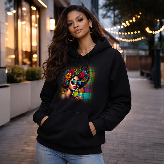 Afro Hoodie Madras Pattern Colorful Sunglasses Streetwear Unisex Hoodie Caribbean Style Sweatshirt by Dezinbazar - dezinbazar.com - Let me inspire you